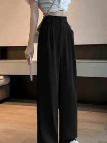 Women Straight Leg Loose Solid Color Front Double-Button Pants Black Spring - Black - View 2