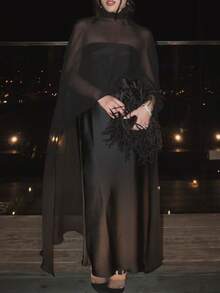 Chiffon Cape For Women Sheer Mesh Shawl Wraps Asymmetrical Flowy Capelets For Evening Dress Crop Cover Up Poncho - 黑色 - 查看 2