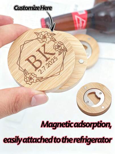 2pcs Personalized Creative Wooden Round Bottle Opener Magnetic Fridge Magnet, Stainless Steel Beer Opener, Kitchen & Party Supplies, Beer Accessories, Creative Gift, Household Kitchen Tool, BBQ, Team Building Bottle Opener, Party Favor, Holiday Birthday Small Gift, Household Item, Outdoor Travel Essentials