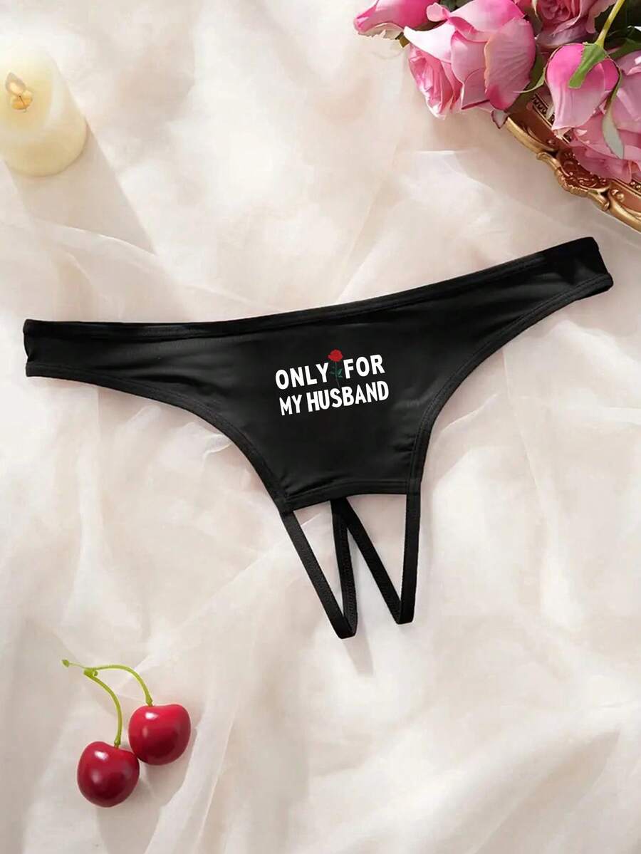 Women's Sexy Printed Thong Panties, Thin Minimalist & Comfortable Open Crotch Underwear - Black - View 1