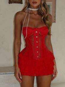 Women Corset Lace Mini Dress Off The Shoulder Bustier Short Dresses Layered Ruffle Lace Hem Party Club Dress - 紅色 - 查看 1