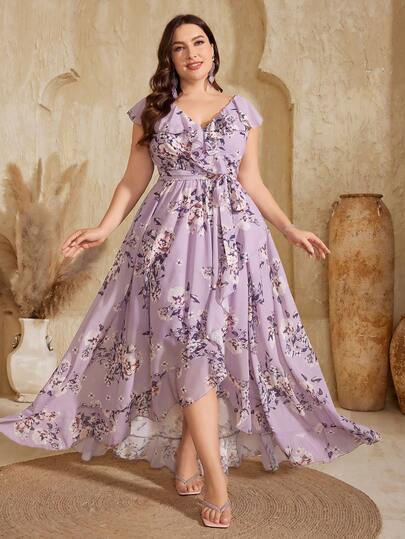 UNITHORSE Non-Positioning Flower V-Neck Ruffle Collar Detachable Tie Asymmetrical Ruffle Hem Printed Bridesmaid Dress