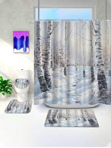 1pc Winter Snowy Birch Forest Printed Waterproof Mildew-Resistant Shower Curtain With Hanging Hooks, Suitable For Home, Apartment, Hotel Bathroom Decor