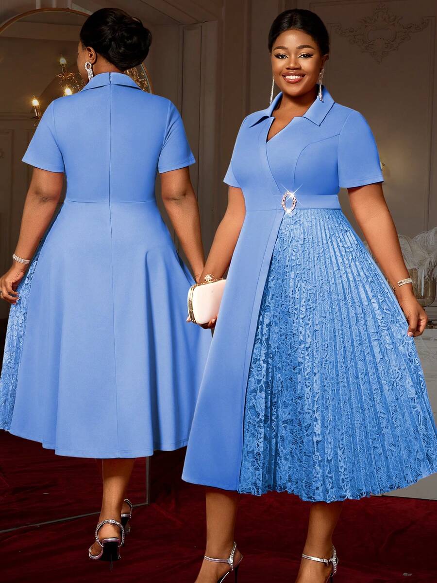 Blaues A-Linien-Kleid mit Umlegekragen, Spitzeneinsätzen, kurzen Ärmeln, für Büro, Business, Party und Mode für Frauen mit Kurven - Babyblau - Übersicht 1