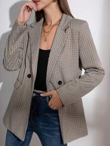 Classic Plaid Women's Regular Fit Long Sleeve Blazer Jacket, Suitable For Everyday Wear Spring - Apricot - View 8