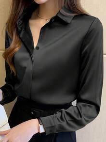 Women's Elegant Solid Color Long Sleeve Shirt - Classic Collar Non-Sheer Blouse, Premium Fabric For Spring, Summer, Fall, Versatile For Casual And Professional Wear, Machine/Dry Cleanable, Streamlined Design, Refined Texture Black - Black - View 3