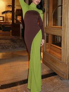 Vestido elegante de manga larga con bloques de color y vuelo, adecuado para fiestas y uso diario - Verde - Ver 5