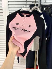 女童休闲插肩袖字母刺绣 T 恤,8-12 岁 - 粉色 - 查看 2