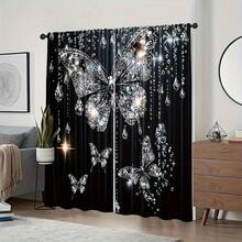 2D Flat, 2-Piece Festive Christmas Decor Window Curtains, Digital Print With Black Glitter Butterflies Pattern, Christmas Window Curtain Gift For Bedroom, Living Room, Office, Night Curtain Suitable For General Festivities And Winter Holiday Parties, Perfect For Living Room, Kitchen, Bedroom, And Holiday Winter Decor, Outdoor Christmas Decorations, Rod Pocket Design, Fade-Resistant, Xmas Artistic Style - 彩色 - 查看 2