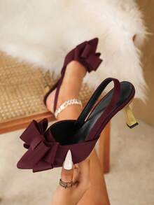 Elegant & Sexy High Heel Pointy Toe Sandals With Bow Decor, Comfortable Party Wear Valentines - Burgundy - View 14