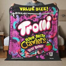 1 buc. Pătură din fleece Trolli Brand Sour Brite Crawlers, pătură mov, pătură pentru ambalarea bomboanelor, pătură drăguță pentru fete, fabricată din flanel, moale la atingere, funcțională caldă, pătură practică pentru dormitor, sufragerie, decor de Crăciun, somn de noapte/picnic la birou