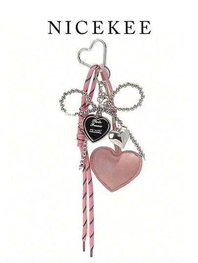 Minimalist & Fashionable, Cute Heart-Shaped Bag Charm With Silver Beads & Bow Accent, High Cost-Effective Bag Accessory, Niche Heart-Shaped Keychain, Sweet & Fresh Style Decoration, Suitable For Daily Matching And As Bag Charm Or Keychain Gift