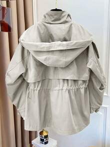 1pc Solid Color Woven Fabric Drawstring Pocket Front Button Trench Coat, Casual Spring/Autumn - Beige - View 2