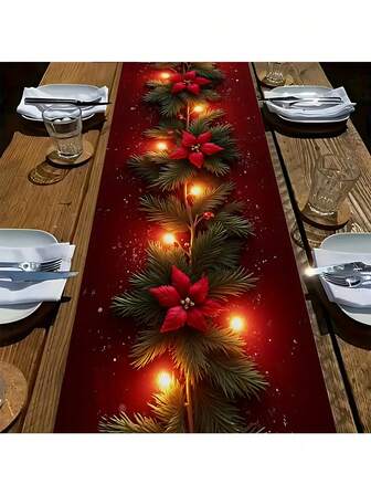 1 pieza Camino de mesa navideño, decoración de luces brillantes con ramas de pino rojo y verde, decoración elegante rectangular para mesa de comedor apta para cocina, mesa de café, oficina, ambiente cálido navideño, decoración del hogar estacional, esencial para celebraciones y fiestas