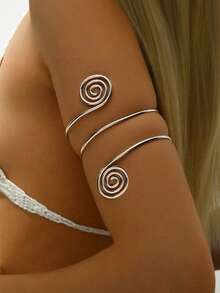 Silver Spiral Pattern Metal Arm Cuff Bracelet, Women's Daily Accessory - Silver Infinity Symbol Armband - View 2