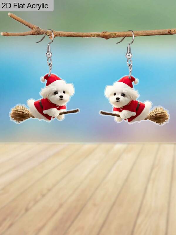 زوج من أقراط عيد الميلاد الجميلة بتصميم كلب صغير يركب مكنسة من الأكريليك، أقراط كلب جميلة للنساء، أقراط عيد الميلاد، أقراط حيوانات مثالية لحفلات العطلات والمناسبات اليومية، هدايا عيد الميلاد للنساء