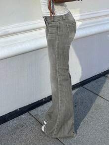 Comfortable Stretch Fabric, Low-Waist Style, Front Button Closure, Slim & Sexy, Washed Solid Color Pocket Women's Jeans - Dark Grey - View 4