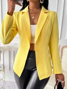 Women's Elegant Yellow Long Sleeve Regular Length Blazer Jacket With Button Closure - Yellow - View 6