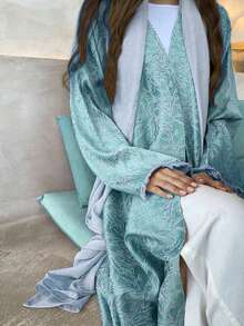 1 件优雅休闲印花袖口柔软面料 Abaya 开衫长袍披肩，适合日常穿着和聚会 - 綠色 - 查看 3