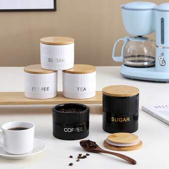 1 pieza Tarro de almacenamiento cerámico con tapa de bambú sellada - Perfecto para almacenar harina, azúcar, café, té y especias en la cocina - Decoración moderna para encimera.