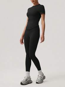 Sodalemon Women Sport Sets Solid Color T-Shirt No Front Seam Classic Design Yoga Leggings Outdoor Run Training Fitness Set - 黑色 - 查看 3