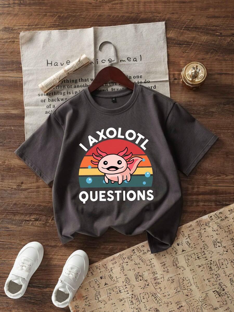 Camiseta informal de manga corta con cuello redondo y estampado divertido para niño preadolescente, top de verano - Gris Oscuro - Ver 1
