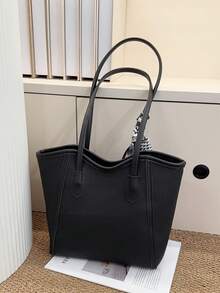 Large Capacity Minimalist Vintage-Style Handbag In Solid PU Leather With Matching Scarf, Versatile And Elegant Women's Bag, Fashionable Bag With Bow, Eye-Catching Handbag - 銀色 - 查看 10