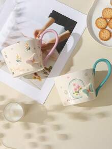 1 pieza Taza con relieve floral y mariposa, hermosa vajilla para el hogar, la oficina, la residencia estudiantil, el desayuno, el agua, regalo, cumpleaños, cafetería, amigos