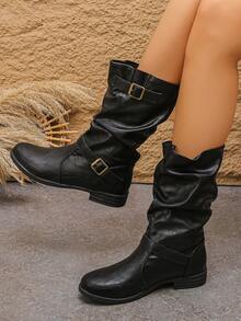 بوت نسائية موضة، بوت كاحل مطوية قابلة للانزلاق، بوت كاحل نسائية ذات كعب مسطح بإبزيم بطراز غربي، لون أحادي، للعطلات