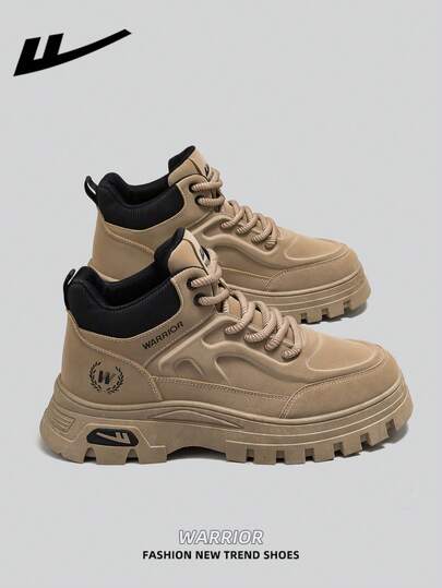 WARRIOR 1 Pair WARRIOR Men's Thick Sole Lace-Up Soft Bottom Casual Shoes, Low-Top Outdoor Flat Shoes, Round Toe Low Heel Non-Slip Solid Color Elegant Soft Bottom Hiking Shoes Suitable For Students Graduation Photos, Men Low-Top Leather Sneakers