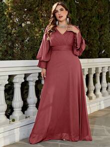 UNITHORSE Deep V-Neck Long Sleeve Pleated Chiffon Dress - Redwood - View 4