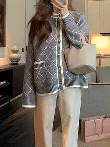 Alicedudu 女式复古风格休闲宽松针织开衫，菱形图案，秋冬 - 灰色 - 查看 5