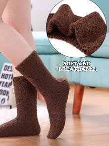 6 Pairs Kids' Solid Color Half Fleece Warm House Slippers Casual Mid-Calf Socks, Autumn/Winter