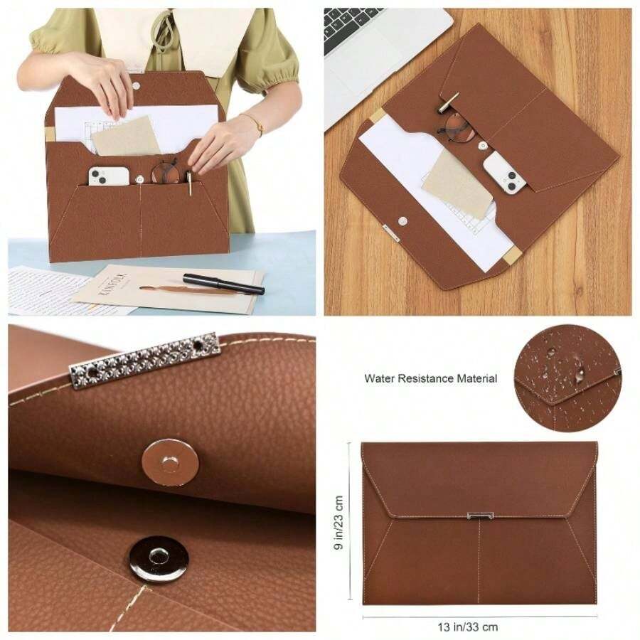- Carpeta de archivos, organizador de documentos, impermeable, portafolios de piel con 3 bolsillos, sobres de archivo para papel tamao A4 con cierre magntico de botn a presin caf - Marrón + 1 - Ver 1