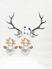 Christmas Pearl Deer Horn Earrings, Deer Head Creative Earrings For Women