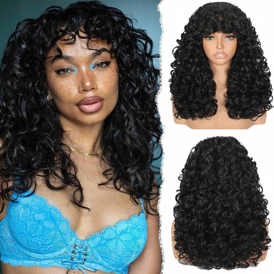 18-Inch Curly Synthetic Wig With Bangs, Fluffy Natural Looking Cosplay Wig, Heat Resistant