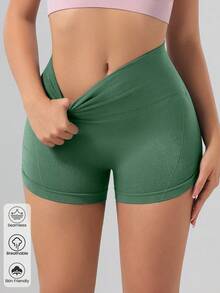 1 件女式加大码纯色紧身骑行短裤，无缝舒适高腰塑形提臀健身瑜伽短裤 - 軍綠色 - 查看 5