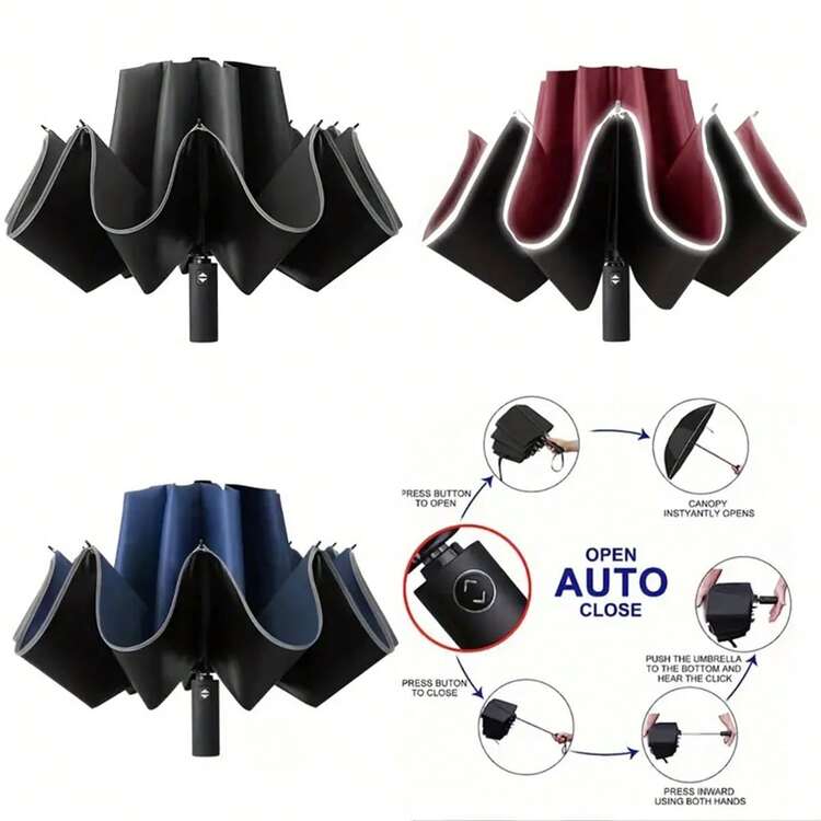 Paraguas reflectante totalmente automático, paraguas parasol multifunción reversible y a prueba de lluvia, adecuado para viajes en coche, diseño reversible para evitar mojarse al cerrarlo, disponible en varios colores, unisex (debido a diferentes lotes, la tela de la cubierta, el color de las varillas, el diseño del patrón de letras en inglés, la forma del botón y el color de las varillas se combinan aleatoriamente. Pedimos disculpas por cualquier inconveniente que esto pueda causar.), selecciones de primavera y verano, regalos para damas de honor, decoración de habitaciones, decoración de dormitorios, playa, viajes, para hombres, para mujeres, vacaciones, cosas lindas - Negro - Añade 7