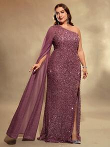 UNITHORSE Váy xẻ tà một bên vai đính sequin cỡ lớn cho nữ - Bụi hồng - Xem 5