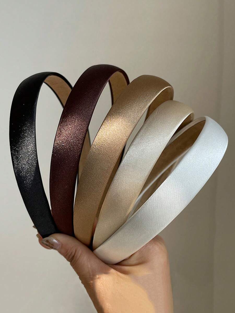 5pcs 14.17in/36cm White, Brown, Black Vintage Soft Satin Solid Color Headbands, Fashion Versatile High-End Elegant Hair Accessories Suitable For Daily Wear, Washing Face, Showering, Makeup, Outfit Matching, Hair Band, Hair Hoop, Hairband For Women Head Accessories,Travel,Birthday - Multicolor - View 1
