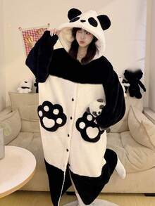 Coral Fleece Robe, Flannel Bathrobe, Warm & Breathable Long Sleeve Robe, Panda Pattern, Cozy Flannel, Ideal For Autumn/Winter, Relaxed Fit, Perfect Holiday Gift, Lazy Weekend Essential, Unisex Oversized Comfortable Sleepwear, Suitable For Bedroom, Bathroom, Pool And More, Daily & Travel Essential - Multicolor - View 5