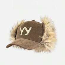 1pc Autumn/Winter New Korean Ins Plaid Fluffy Ear Protection Baseball Cap, Women Warm Versatile Small Face Fashion Baseball Cap, Embroidered Letter Plaid Dual-Wear Fleece Trapper Hat, Unisex Fashion Commuting - View 3