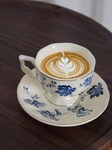 1件100毫升陶瓷法式浓缩咖啡杯碟，下午茶咖啡杯，优雅陶瓷咖啡杯碟，复古下午茶花茶具 - 藍花 - 查看 9