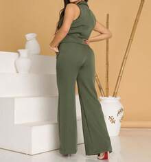 Elegant Tailored Vest And Wide-Leg Trousers Set - Green - View 3
