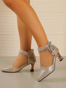 女士水钻装饰高跟鞋，透气网眼短靴，时尚春秋短靴，高跟靴，派对婚礼尖头高跟鞋