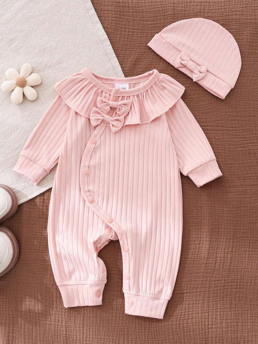 Baby Girl Soft & Skin-Friendly Jumpsuit, Pink, Round Neck Long Sleeve With Ruffle, Bow Decor, Button Front, All Season
