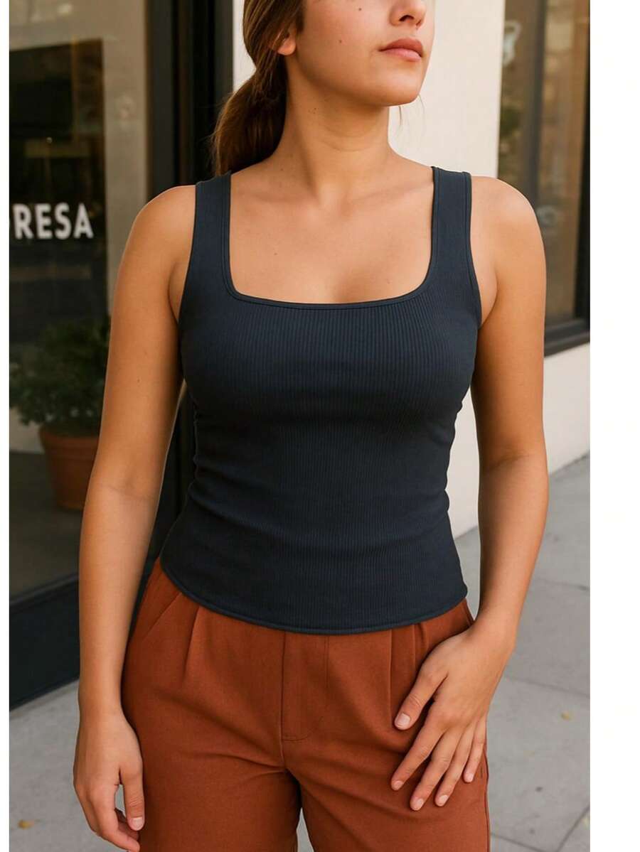 Blusa Regata Feminina em Ribana com Decote Quadrado - Preto - Visão 1