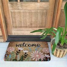 1PC Flannel Floor Spring Daisy Welcome Letter Pattern Decorative Doormat Non-Slip Floor Home Bathroom Indoor Entrance Door Kitchen Living Room Bedroom Front Door Decoration Mats Multiple Styles And Sizes - 黑色 - 查看 1