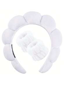 1pc Facial Headband / 2pcs Facial Wristbands / 3sets Spa Headband, Makeup Headband, Facial Headband, Skincare Headband, Pink Velvet Fluffy Sponge Headband, Bow, Bubble, Spa Headband, Wristband, Women & Girls Hair Accessories Set - Multicolor - View 15