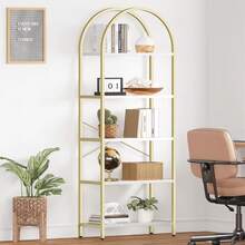 Librero de 5 Niveles con Arco, Estante de Exhibición Alto, Estructura Metálica Moderna, Repisa Grande de Madera para Recámara, Sala u Oficina, Blanco/Oro - Dorado - Ver 8